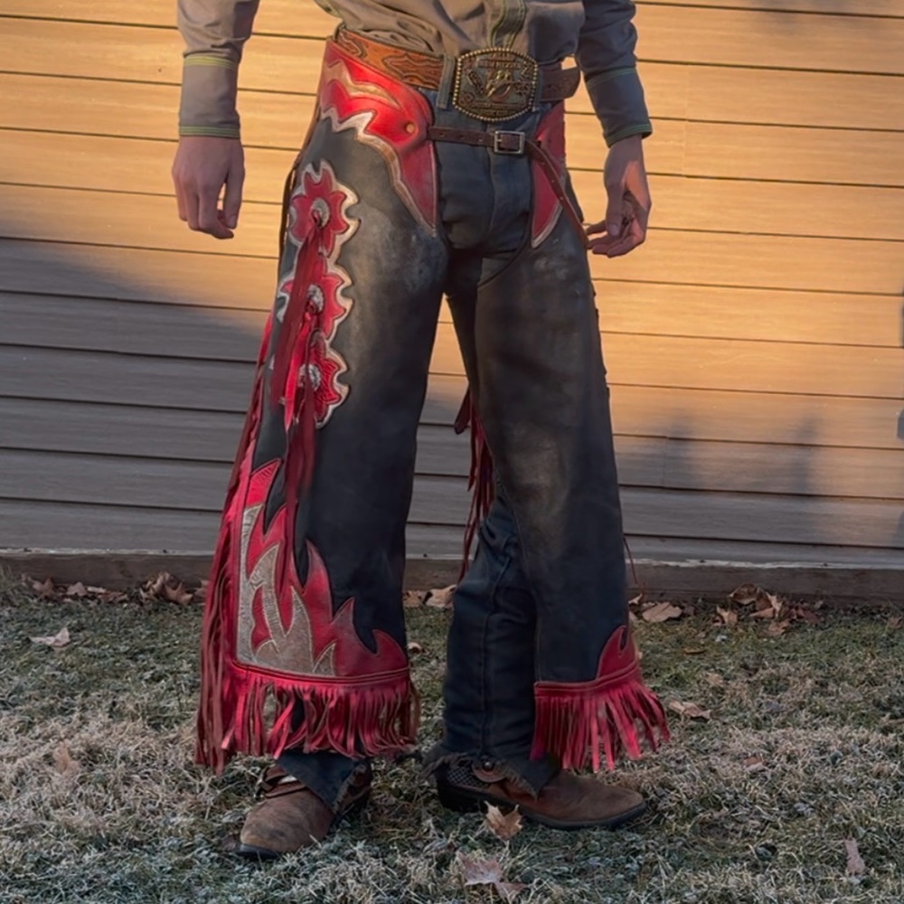 Western Leather Chaps with Red Fringe